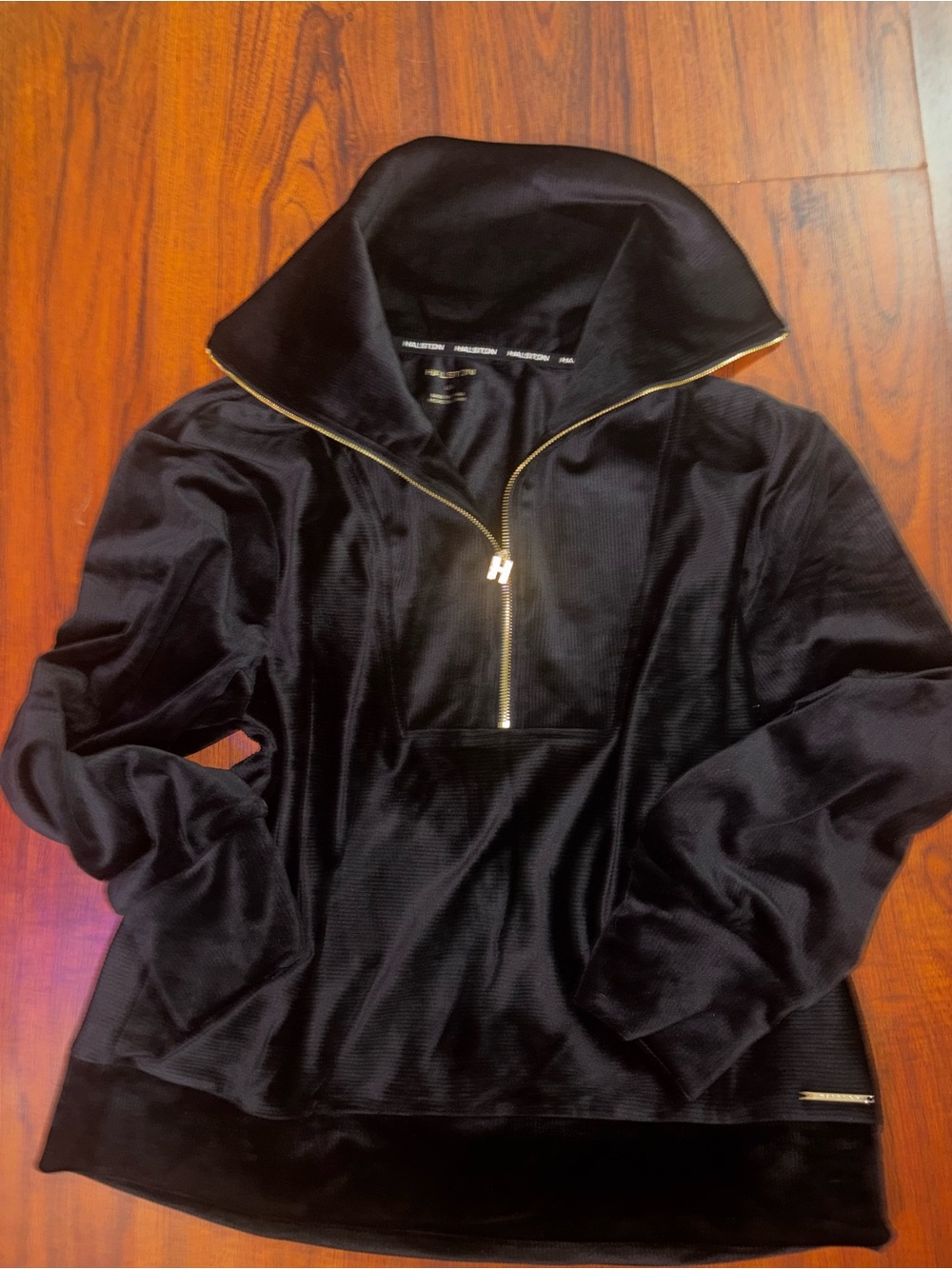 Halogen Black Velour Half-Zip Pullover with Gold Zipper